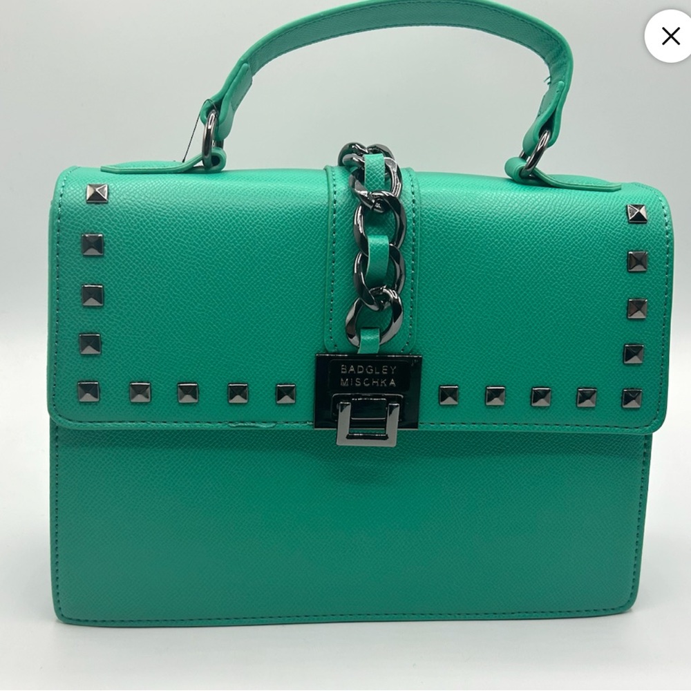 New Badgley Mischka Green Satchel with Black Studs @ detachable straps